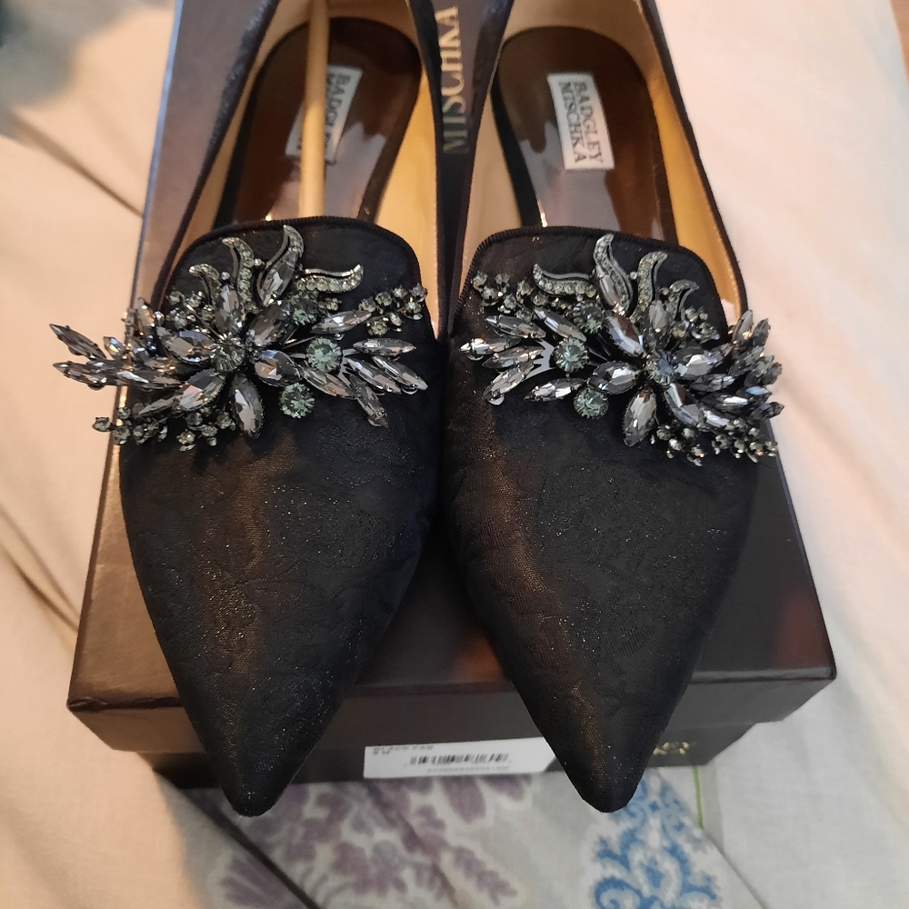 Badgley Mischka black damask embellished flats